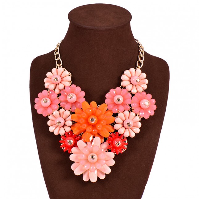 Beautiful Color Gemstones Flower Layering Cluster Costume Necklace