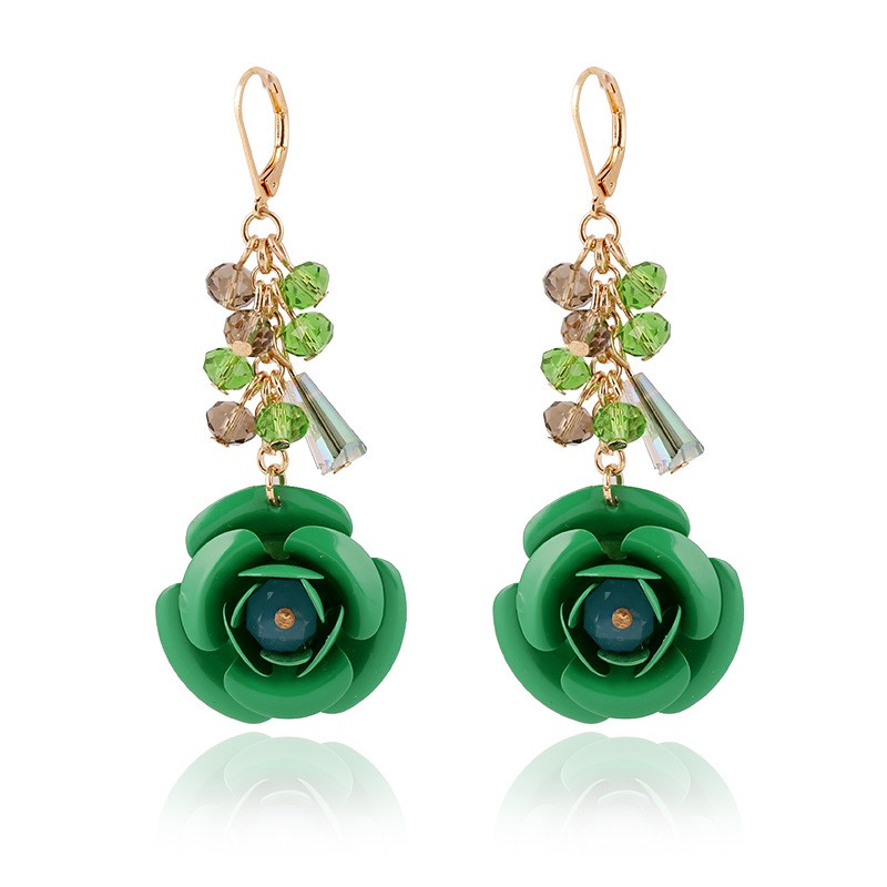 Popular Green Flower Design Bridal Dangle Earrings Clip On Costume