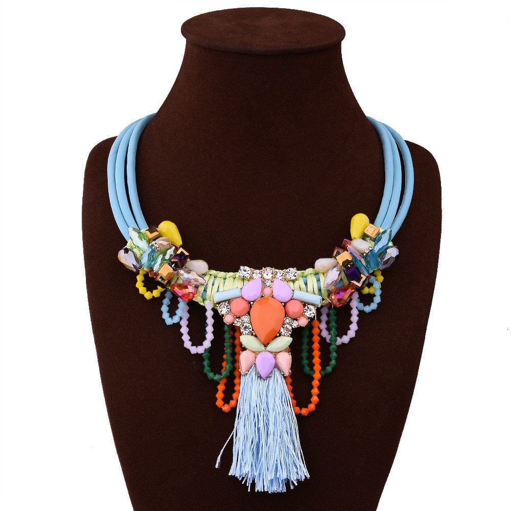 Dainty Long Tassels Statement Necklace Colored Gemstone Jewelry