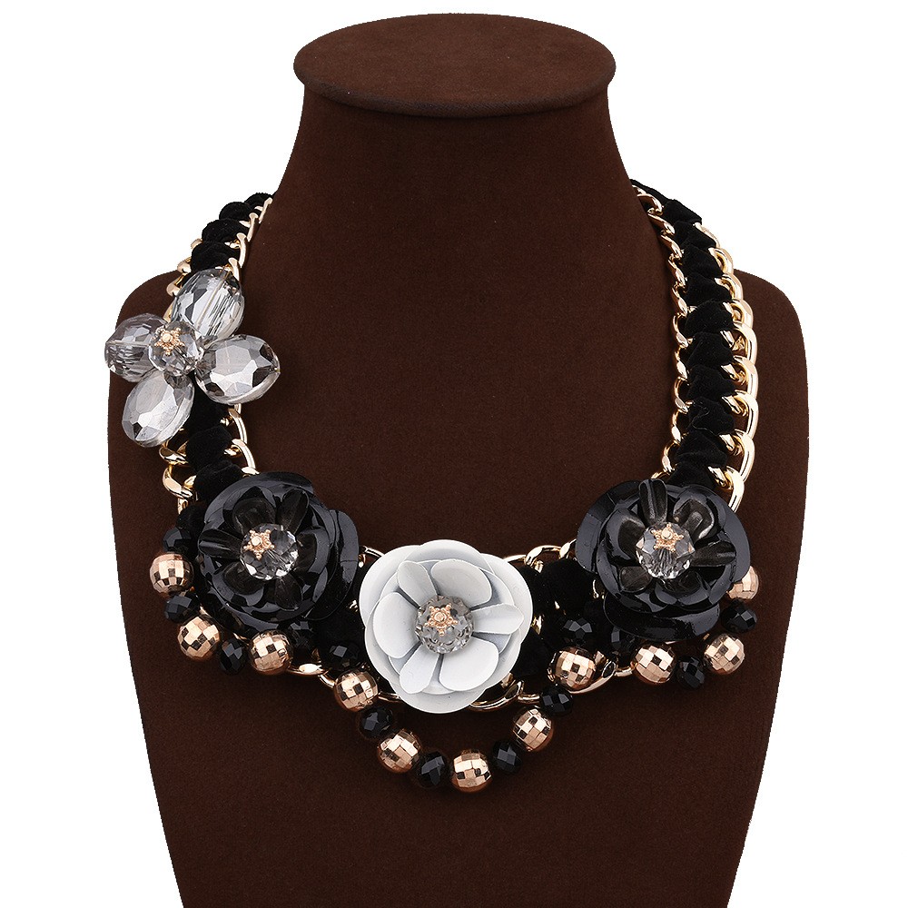 Different Black Flower Leaf Design Gems Cluster Long Drop Costume Necklace