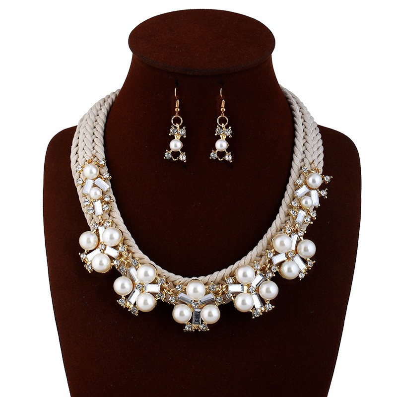 Pearl Crystal Flower Statement Necklace Earrings Best Wedding Jewelry Sets